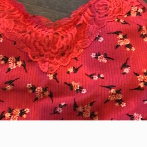 Victoria's Secret PINK Ribbed Lace Camisole Bodysuit Large Coral w/ Floral flair